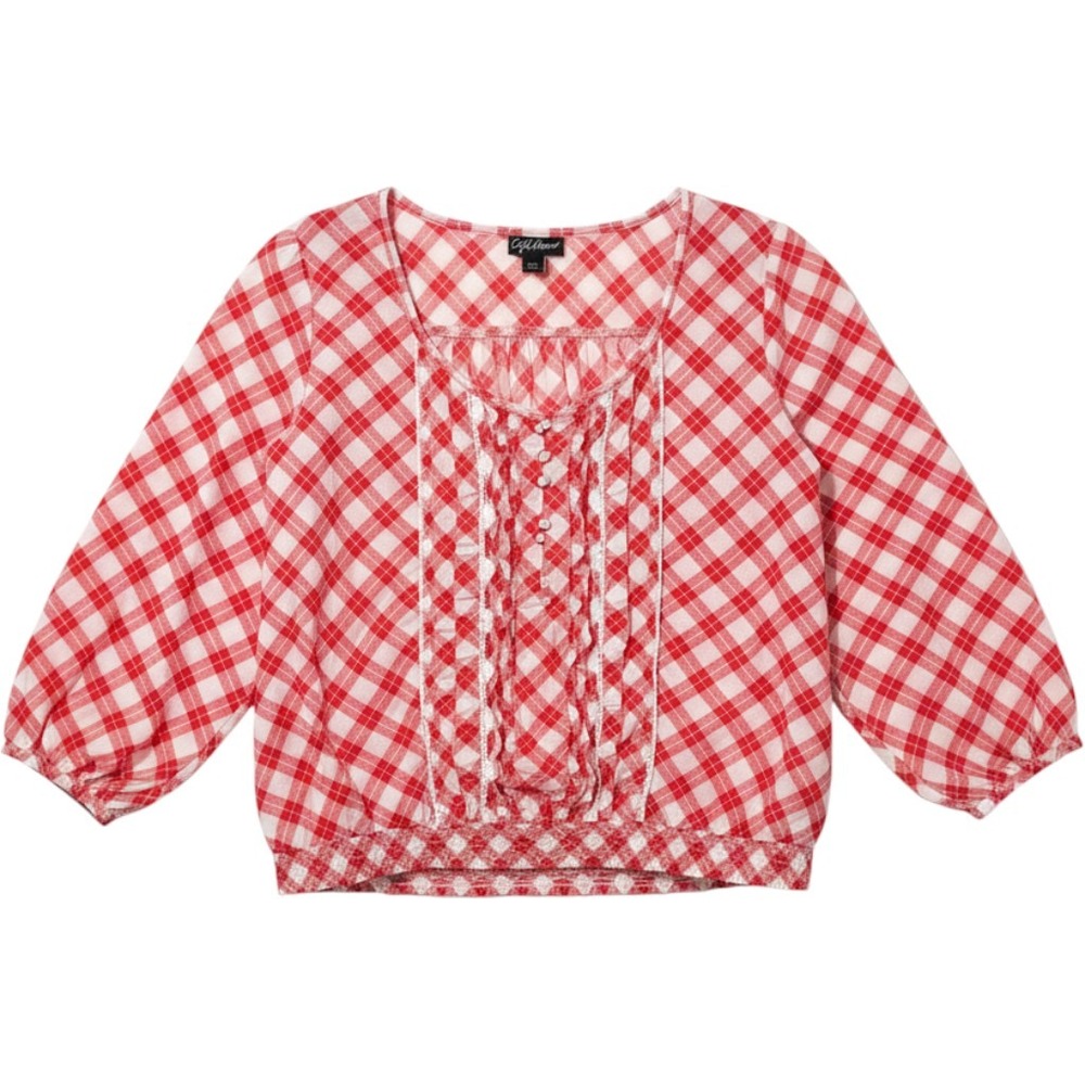Red & White Cottagecore Gingham Plaid‎ Lace Trim Ruffle Boho Blouse XXL